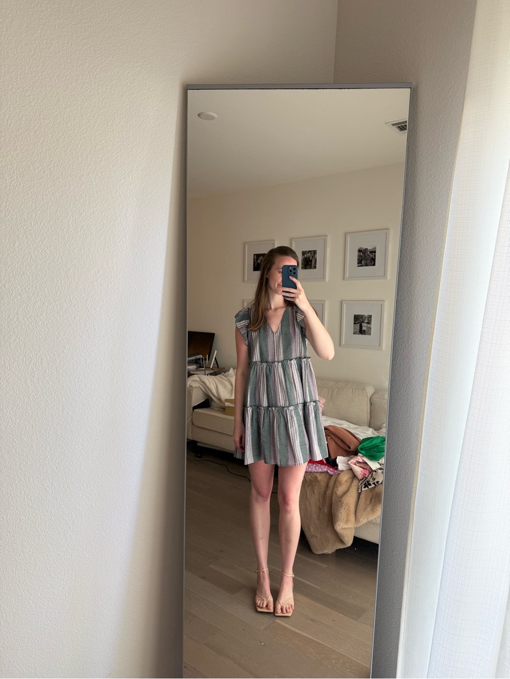 Striped Tiered Mini Dress in Green and Pink